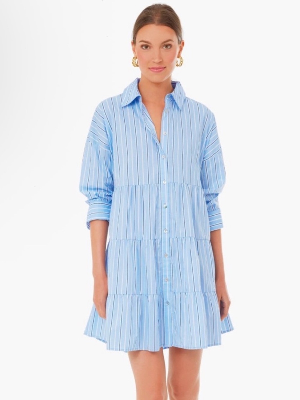 Tuckernuck Pomander Place Shades of Blue Stripe Cara Tiered Shirt Dress LARGE - Picture 3 of 7